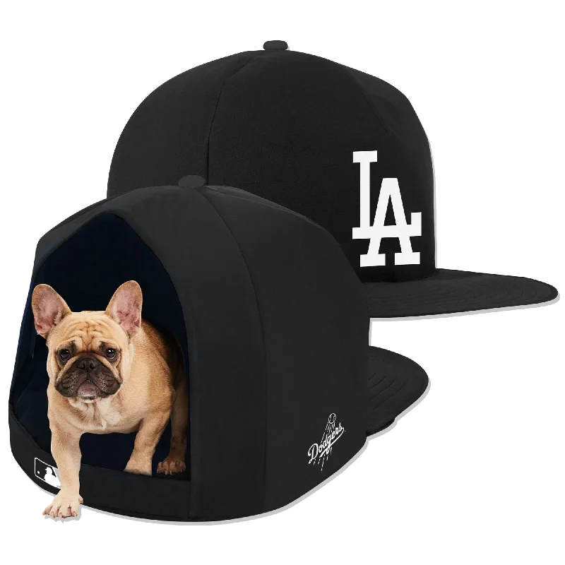 Tilted cat food bowl-LOS ANGELES DODGERS NOIR NAP CAP PLUSH DOG BED