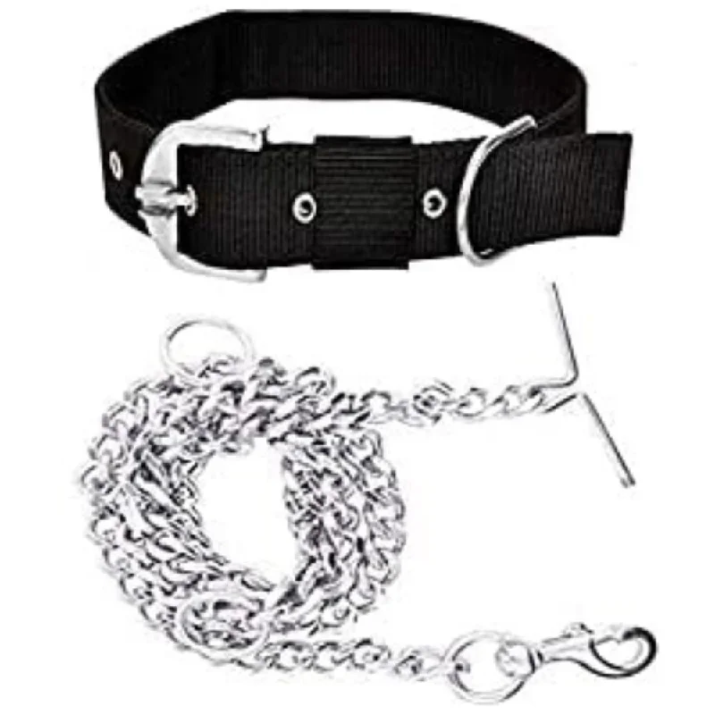 Small pet climbing toy-Chullbull Nylon Collar and Heavy Chain Leash for Dogs (Black)