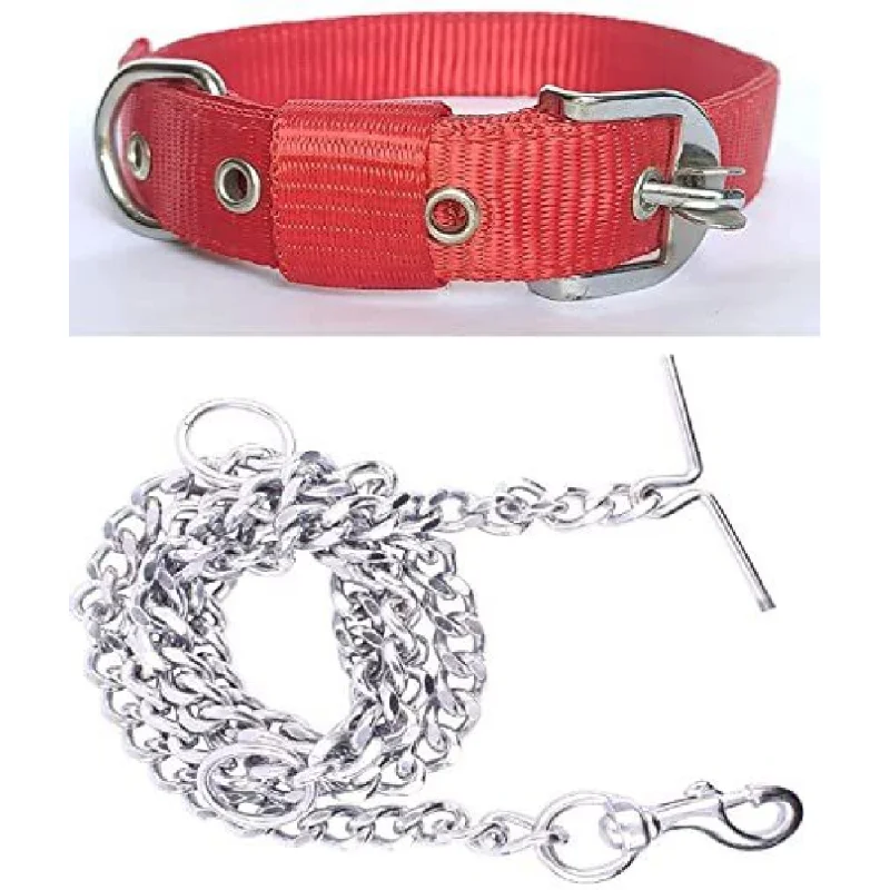 Filtered pet water fountain-Chullbull Nylon Collar and Heavy Chain Leash for Dogs (Red)