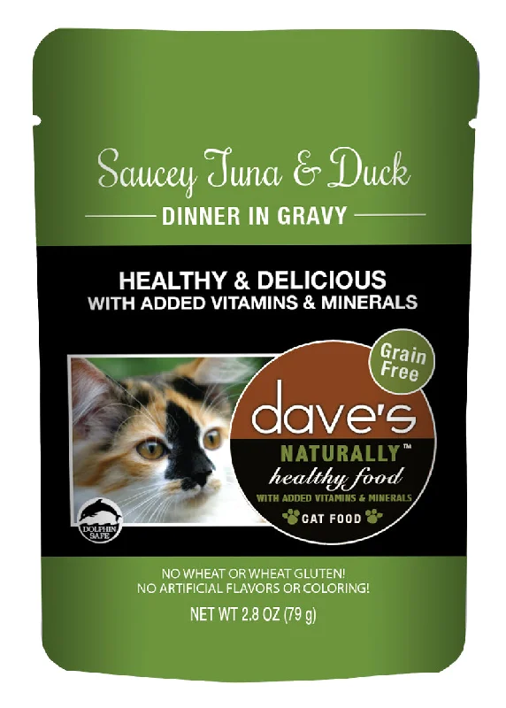 Catnip feather toy-Dave’s Naturally Healthy Cat Food Pouch – Saucey Tuna & Duck Dinner in Gravy