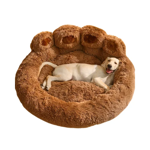 Elastic pet collar safety-Round Plush Soft Warm Bear Pet Bed