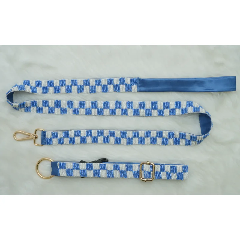 Catnip ball toy set-Floof & Co Checkered Leash & Collar (Blue & White)