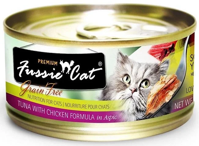 Tough rubber dog frisbee-Fussie Cat Premium Grain Free Tuna with Chicken Formula in Aspic Canned Food