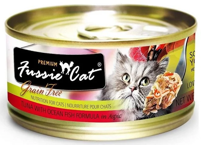 Wide pet food bowl-Fussie Cat Premium Tuna with Ocean Fish Formula in Aspic Canned Food