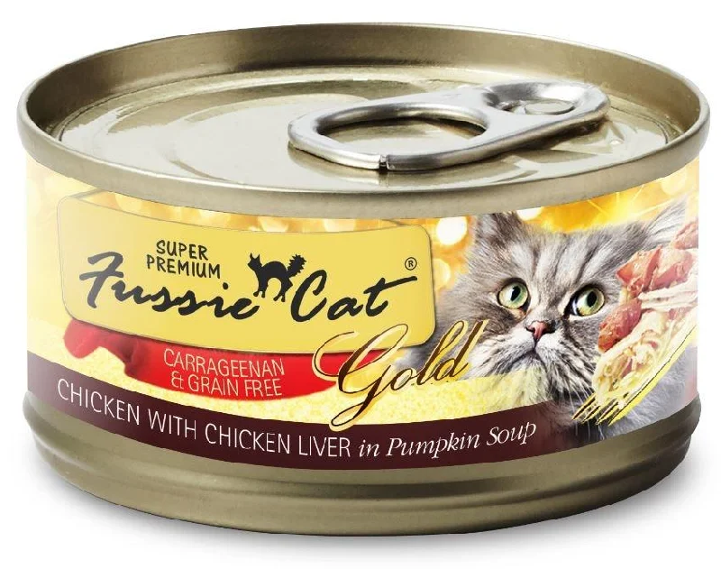 Tilted cat food bowl-Fussie Cat Super Premium Grain Free Chicken with Chicken Liver in Pumpkin Soup Canned Cat Food