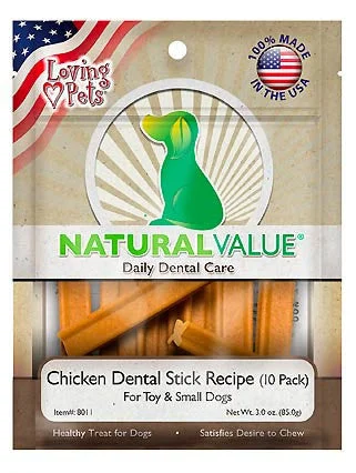 Plush dog squeaky toy-Loving Pets Natural Value Chicken Dental Stick Recipe Mini 3oz Bag