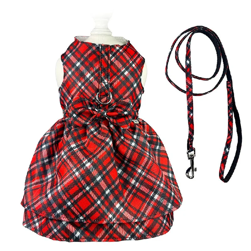 Padded pet raincoat-Red Plaid Harness Dress with Matching Leash