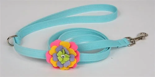 Small animal chew stick-Susan Lanci Fantasy Flowers Collection Leash in Tiffi Blue