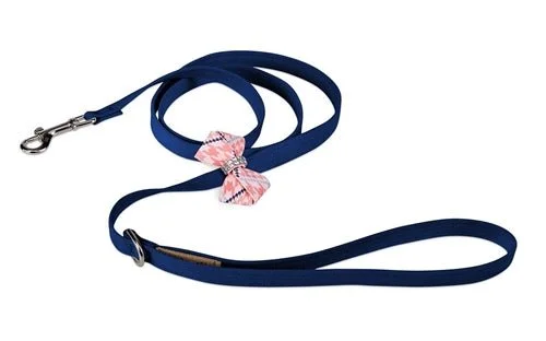 Reflective dog vest small-Susan Lanci Peaches N Cream Glen Houndstooth Nouveau Bow Leash on Indigo