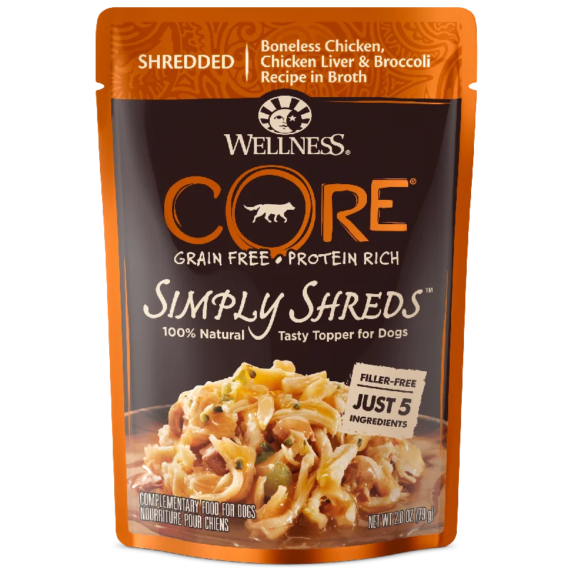 Non-stick pet food mat-Wellness CORE Simply Shreds for Dogs Shredded Boneless Chicken, Chicken Liver & Broccoli Recipe in Broth (2.8 Oz)