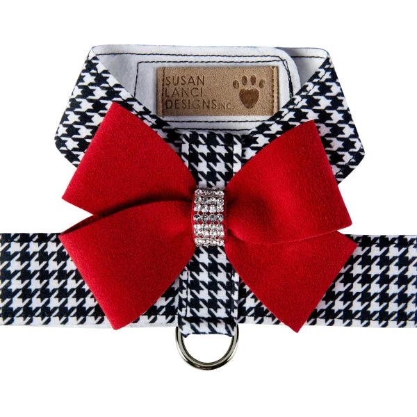 Small animal chew stick-Black and White Houndstooth Red Nouveau Bow Tinkie Harness