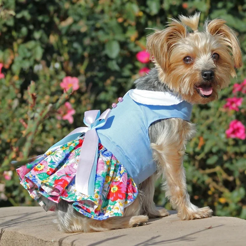 Waterproof dog vest-Blue and White Pastel Pearls Floral Dog Dress