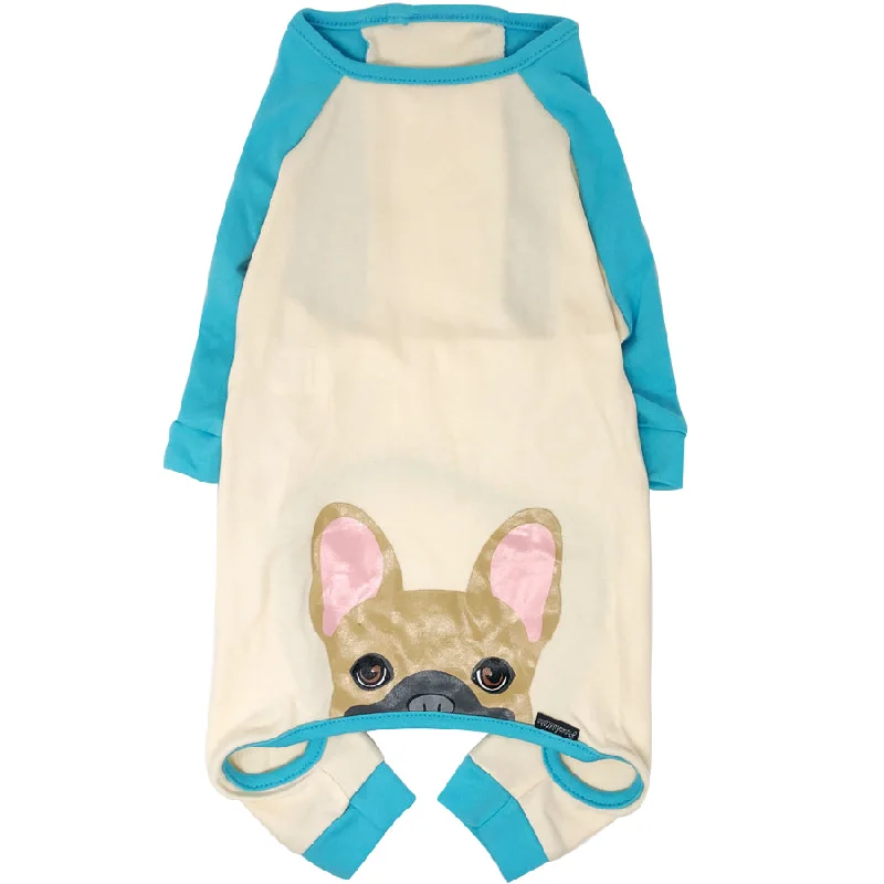 Thick pet throw blanket-French Bulldog Pajamas in Aqua | Frenchie Clothing | Fawn w Mask Frenchie Dog