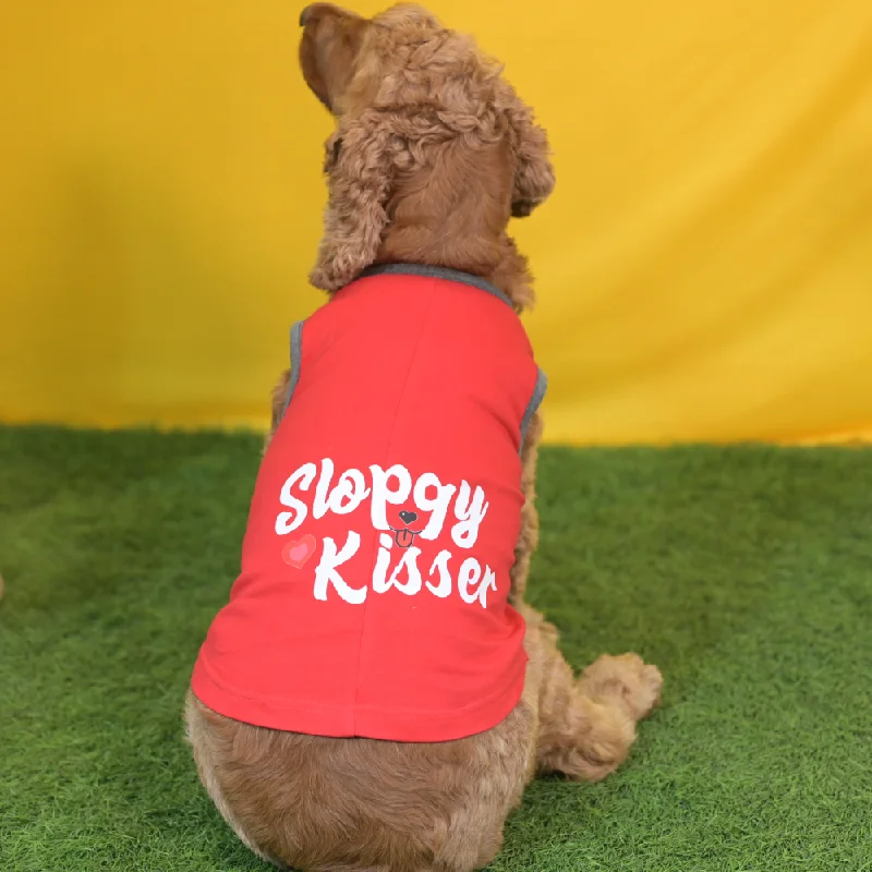 Sturdy pet playpen large-Skatrs Sloppy Kisser Printed Cotton T Shirt for Dogs and Cats (Red)